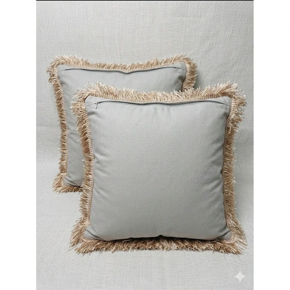 Pier 1‎ Imports Fringed Pillow Covers Set 2 Textured Oatmeal Neutral 19x19 Boho